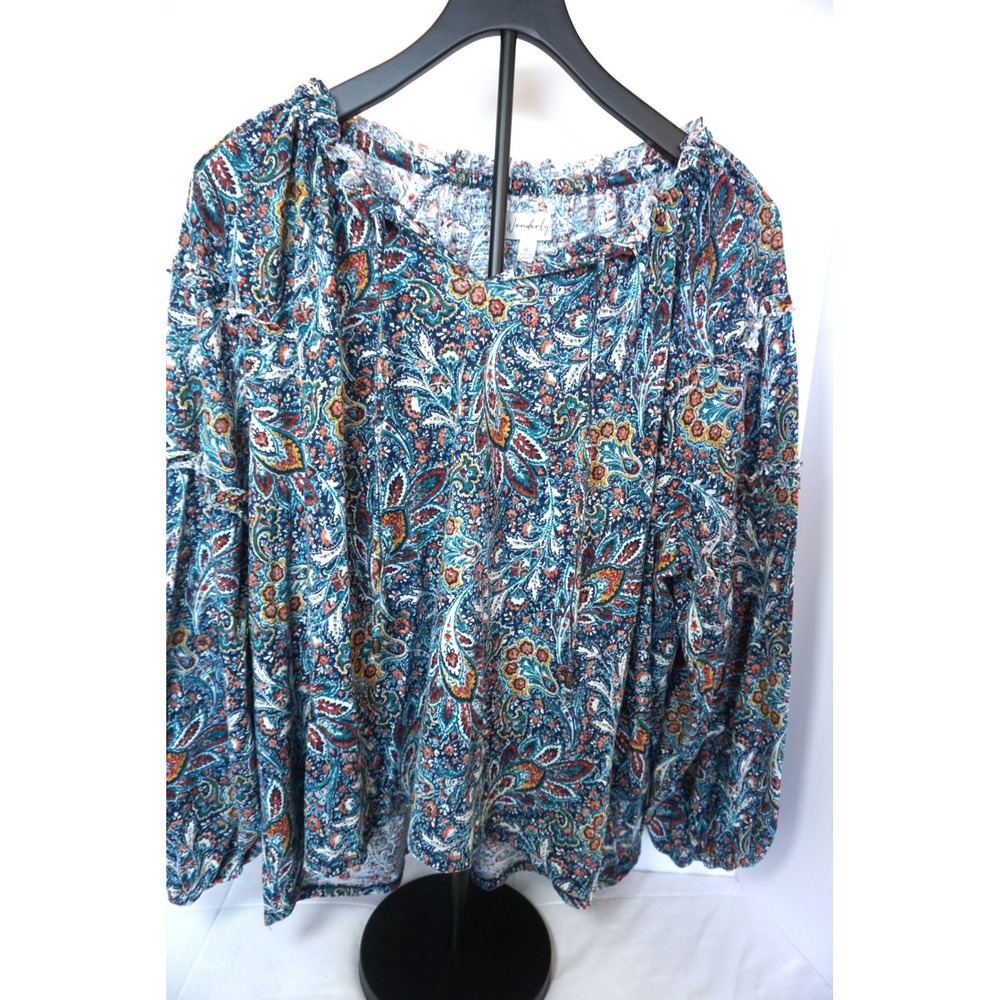 Wonderly Blue Paisley Cotton Ruffle Neck Blouse Top Women 1X Long Sleeve Boho